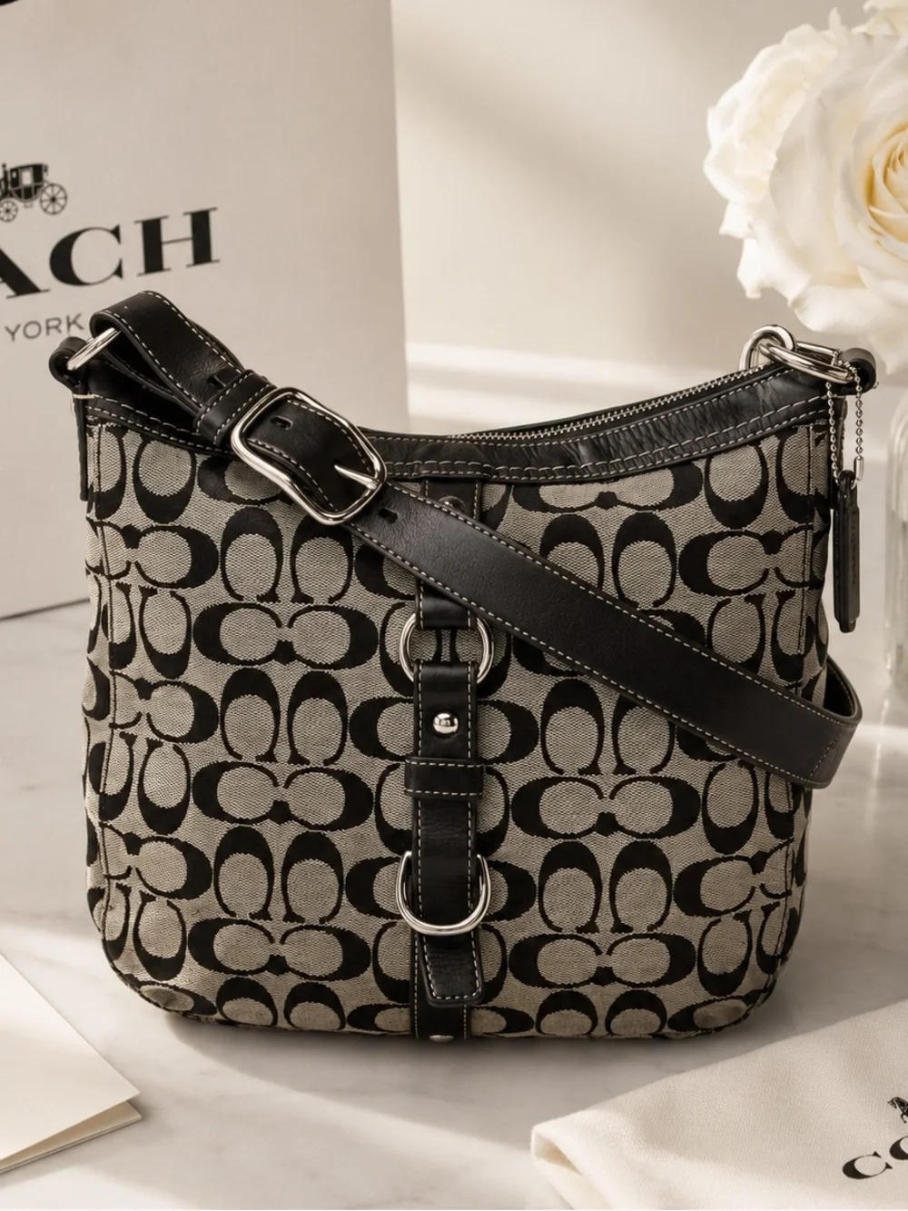 Coach Signature Jacquard Monogram Leather Trim Shoulder Bag Black Gray Medium